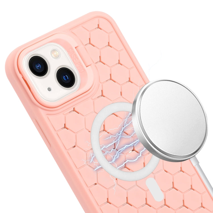 For iPhone 14 Honeycomb Radiating Lens Holder Magsafe Phone Case with Lanyard(Pink) by buy2fix