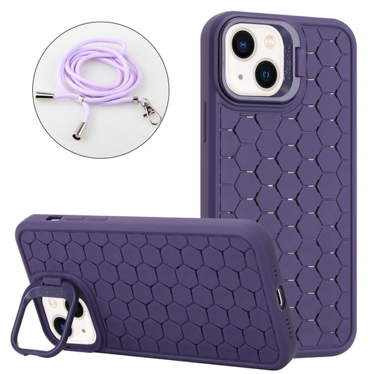 For iPhone 14 Honeycomb Radiating Lens Holder Magsafe Phone Case with Lanyard(Purple) by buy2fix