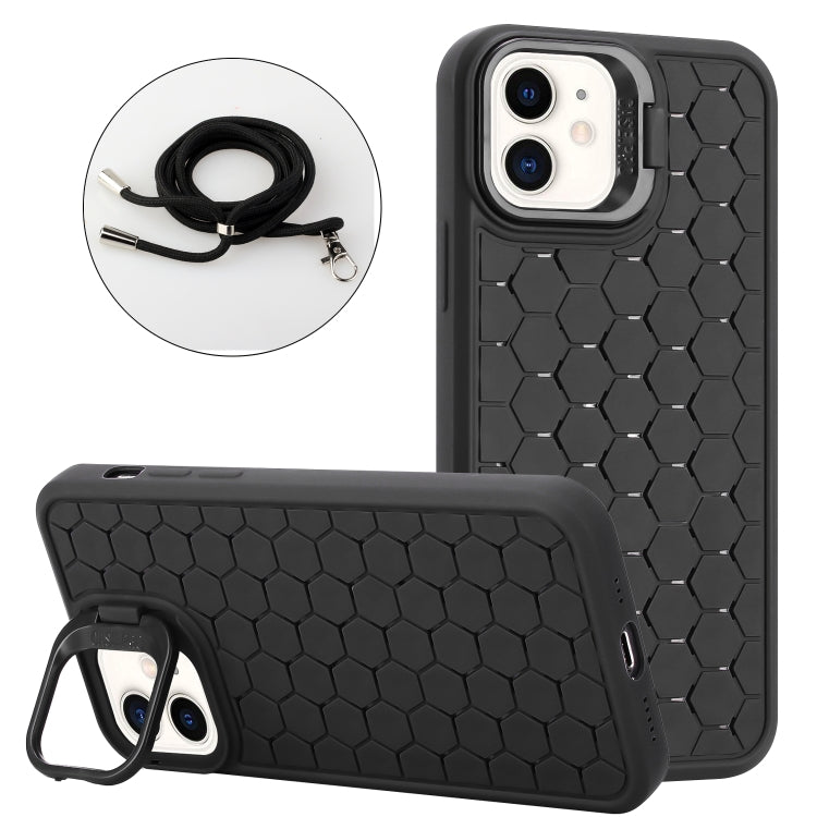 For iPhone 12 Honeycomb Radiating Lens Holder Magsafe Phone Case with Lanyard(Black) by buy2fix