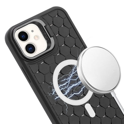 For iPhone 12 Honeycomb Radiating Lens Holder Magsafe Phone Case with Lanyard(Black) by buy2fix
