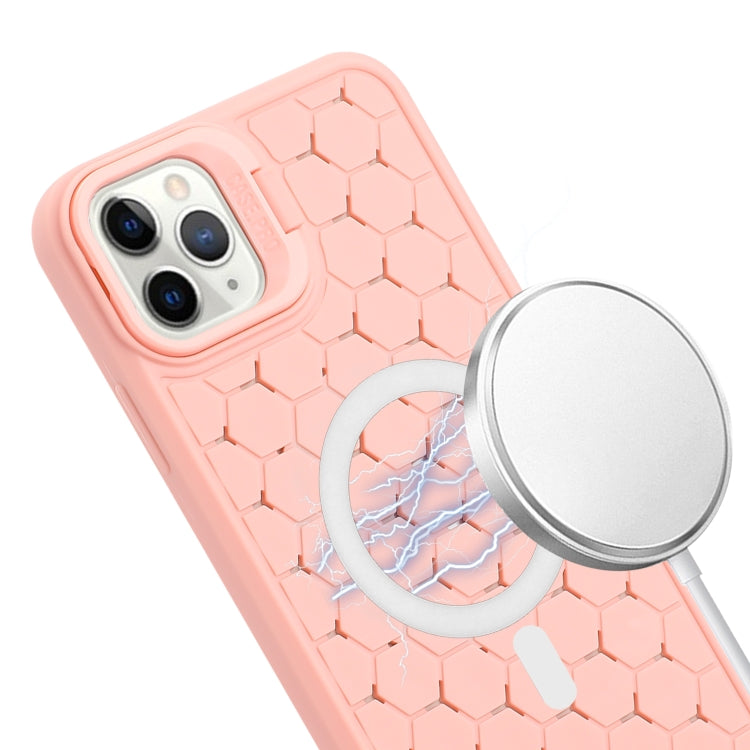 For iPhone 12 Pro Honeycomb Radiating Lens Holder Magsafe Phone Case with Lanyard(Pink) by buy2fix