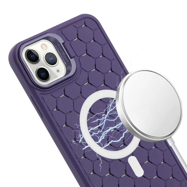 For iPhone 12 Pro Honeycomb Radiating Lens Holder Magsafe Phone Case with Lanyard(Purple) by buy2fix