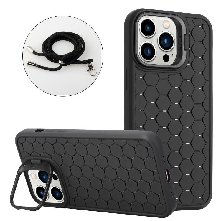 For iPhone 12 Pro Max Honeycomb Radiating Lens Holder Magsafe Phone Case with Lanyard(Black) by buy2fix