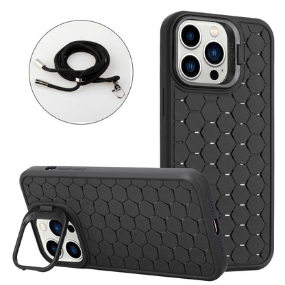 For iPhone 12 Pro Max Honeycomb Radiating Lens Holder Magsafe Phone Case with Lanyard(Black) by buy2fix