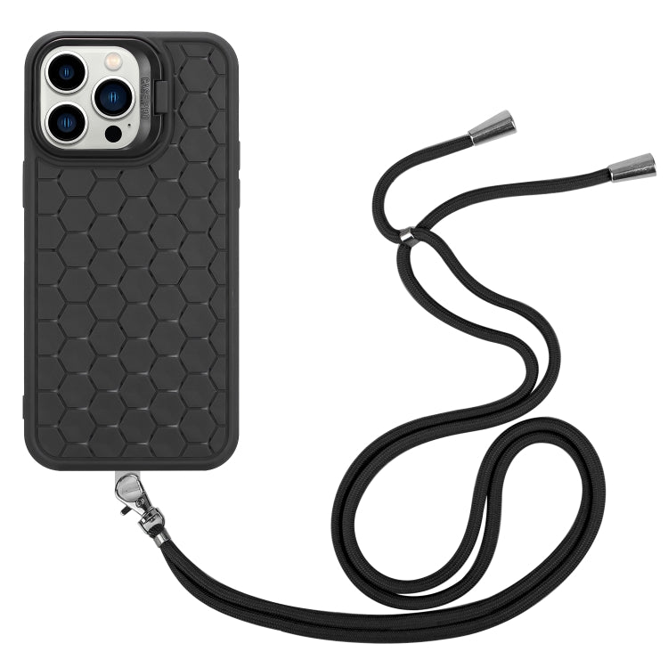 For iPhone 12 Pro Max Honeycomb Radiating Lens Holder Magsafe Phone Case with Lanyard(Black) by buy2fix