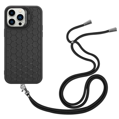 For iPhone 12 Pro Max Honeycomb Radiating Lens Holder Magsafe Phone Case with Lanyard(Black) by buy2fix
