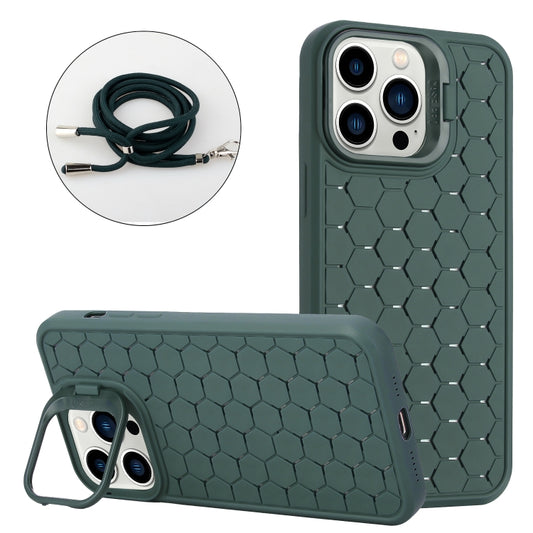 For iPhone 12 Pro Max Honeycomb Radiating Lens Holder Magsafe Phone Case with Lanyard(Green) by buy2fix