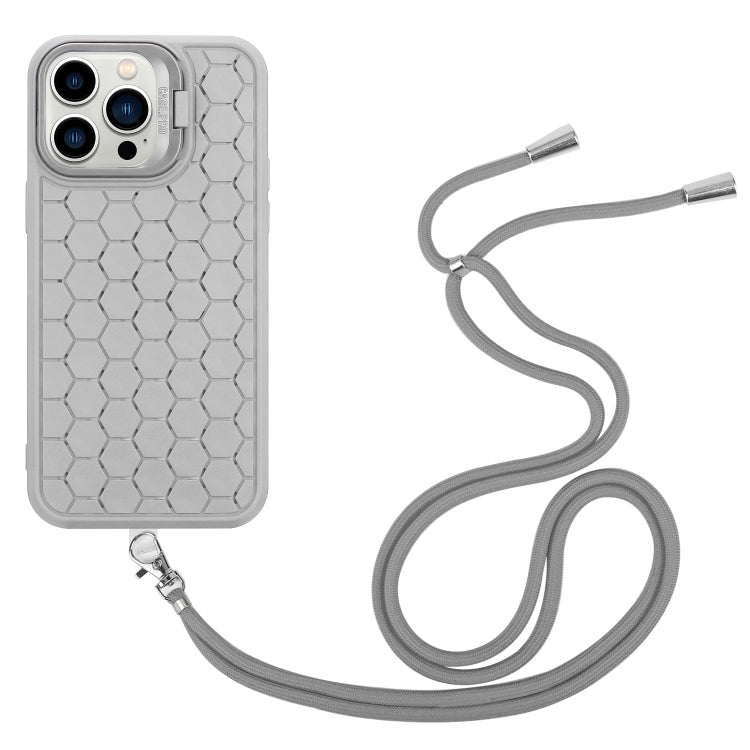 For iPhone 12 Pro Max Honeycomb Radiating Lens Holder Magsafe Phone Case with Lanyard(Grey) by buy2fix