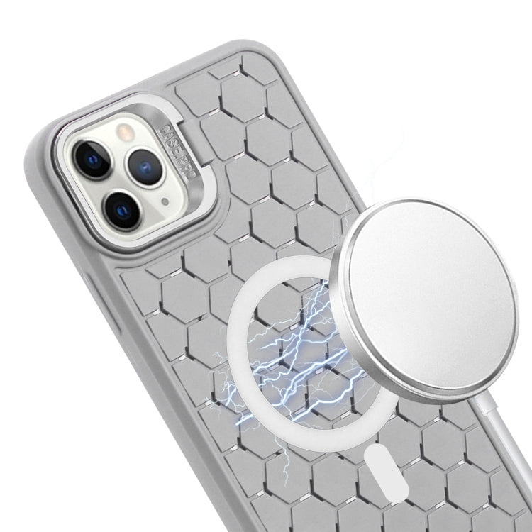 For iPhone 11 Pro Max Honeycomb Radiating Lens Holder Magsafe Phone Case with Lanyard(Grey) by buy2fix