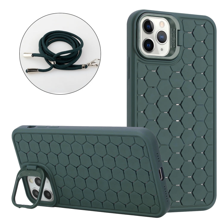 For iPhone 11 Pro Honeycomb Radiating Lens Holder Magsafe Phone Case with Lanyard(Green) by buy2fix
