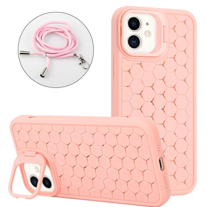For iPhone 11 Honeycomb Radiating Lens Holder Magsafe Phone Case with Lanyard(Pink) by buy2fix