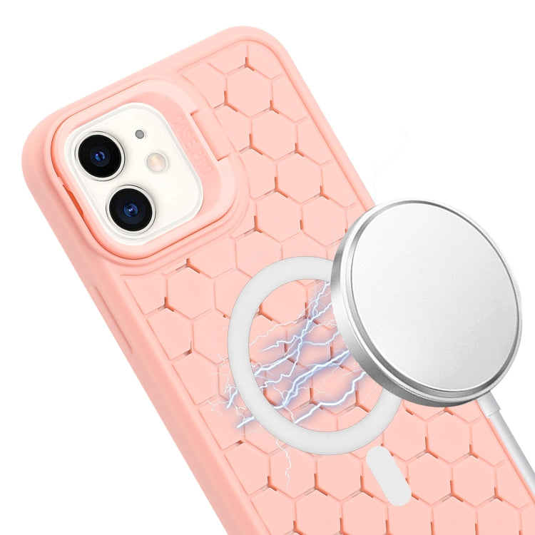 For iPhone 11 Honeycomb Radiating Lens Holder Magsafe Phone Case with Lanyard(Pink) by buy2fix