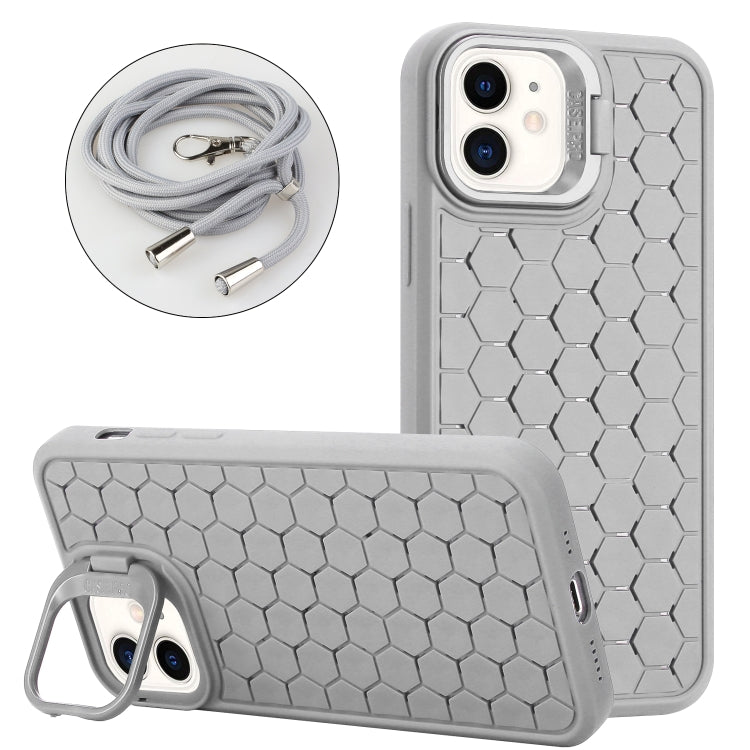 For iPhone 11 Honeycomb Radiating Lens Holder Magsafe Phone Case with Lanyard(Grey) by buy2fix