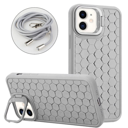 For iPhone 11 Honeycomb Radiating Lens Holder Magsafe Phone Case with Lanyard(Grey) by buy2fix