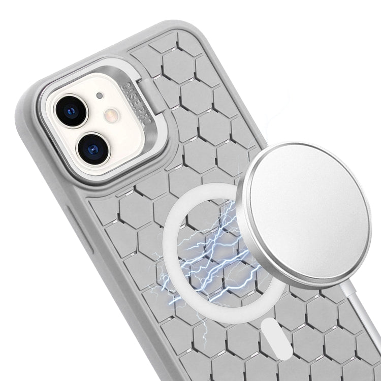 For iPhone 11 Honeycomb Radiating Lens Holder Magsafe Phone Case with Lanyard(Grey) by buy2fix