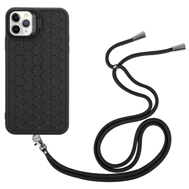 For iPhone 16 Pro Max Honeycomb Radiating Lens Holder Magsafe Phone Case with Lanyard(Black) by buy2fix