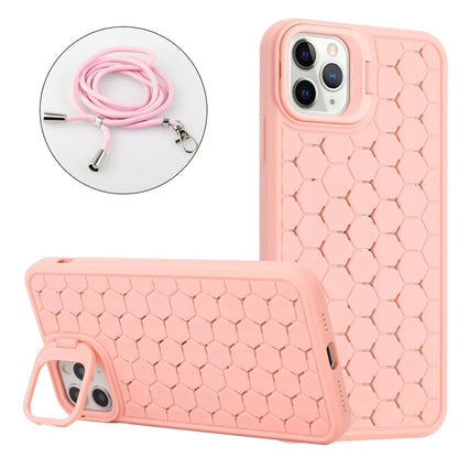 For iPhone 16 Pro Max Honeycomb Radiating Lens Holder Magsafe Phone Case with Lanyard(Pink) by buy2fix
