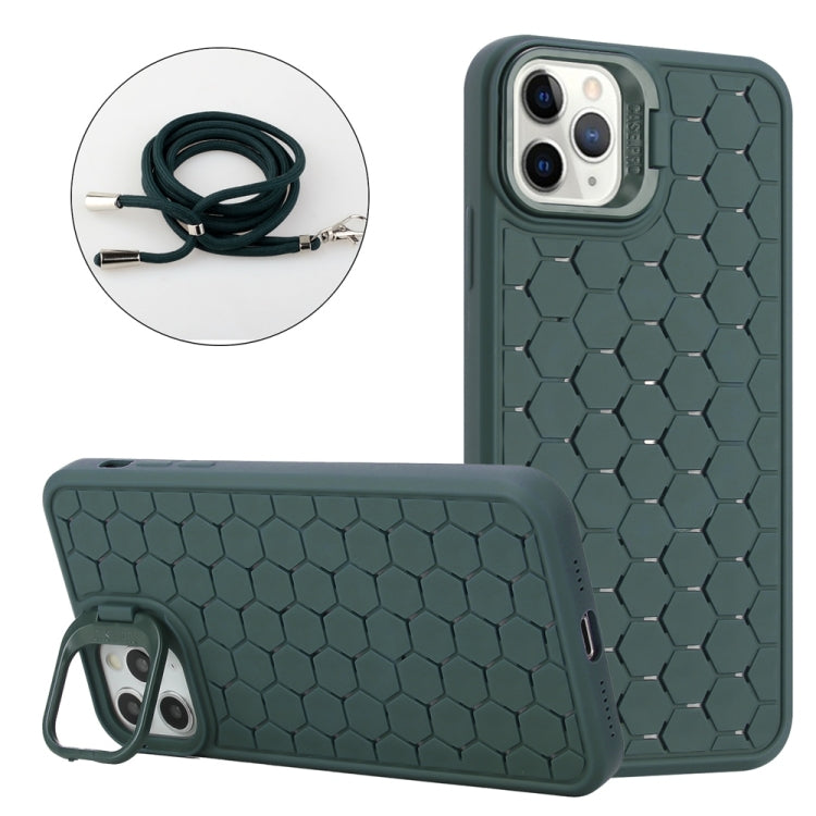 For iPhone 16 Pro Max Honeycomb Radiating Lens Holder Magsafe Phone Case with Lanyard(Green) by buy2fix