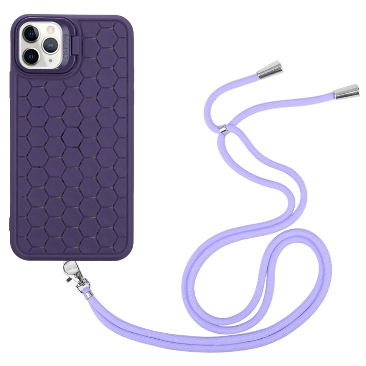 For iPhone 16 Pro Max Honeycomb Radiating Lens Holder Magsafe Phone Case with Lanyard(Purple) by buy2fix