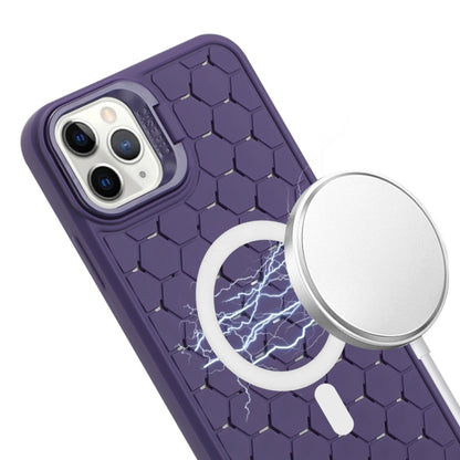 For iPhone 16 Pro Max Honeycomb Radiating Lens Holder Magsafe Phone Case with Lanyard(Purple) by buy2fix