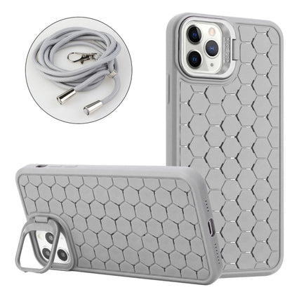 For iPhone 16 Pro Max Honeycomb Radiating Lens Holder Magsafe Phone Case with Lanyard(Grey) by buy2fix