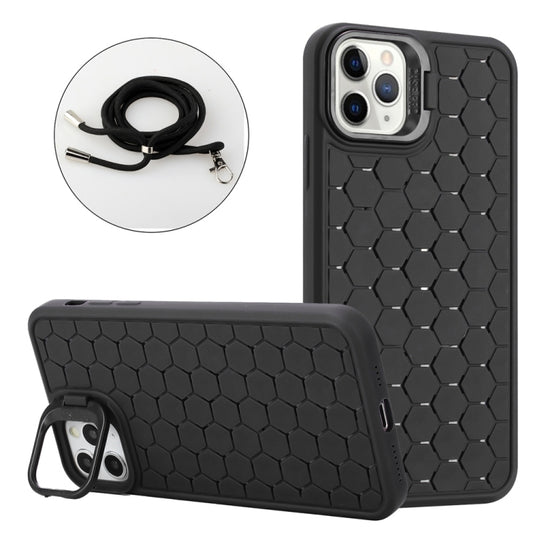 For iPhone 16 Pro Honeycomb Radiating Lens Holder Magsafe Phone Case with Lanyard(Black) by buy2fix
