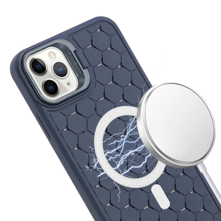 For iPhone 16 Pro Honeycomb Radiating Lens Holder Magsafe Phone Case with Lanyard(Blue) by buy2fix