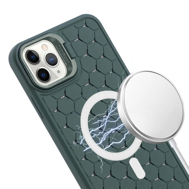 For iPhone 16 Pro Honeycomb Radiating Lens Holder Magsafe Phone Case with Lanyard(Green) by buy2fix