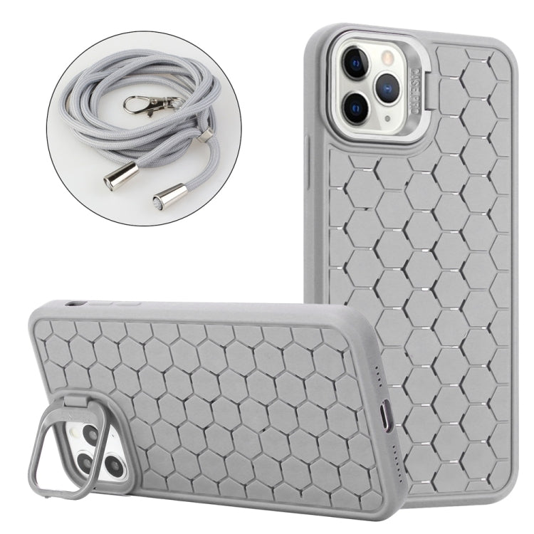 For iPhone 16 Pro Honeycomb Radiating Lens Holder Magsafe Phone Case with Lanyard(Grey) by buy2fix