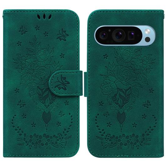 For Google Pixel 9 Pro Butterfly Rose Embossed Leather Phone Case(Green) by buy2fix