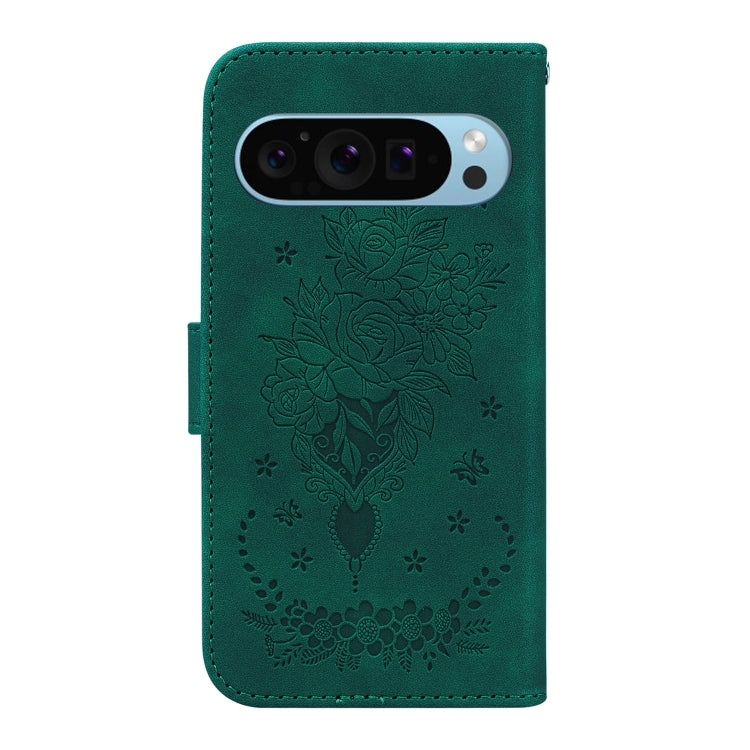 For Google Pixel 9 Pro Butterfly Rose Embossed Leather Phone Case(Green) by buy2fix