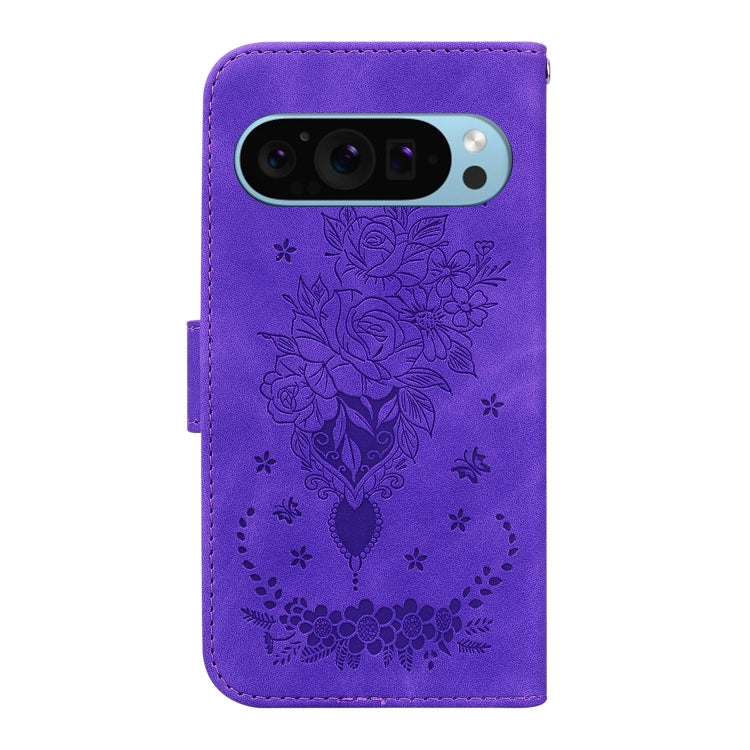 For Google Pixel 9 Pro Butterfly Rose Embossed Leather Phone Case(Purple) by buy2fix