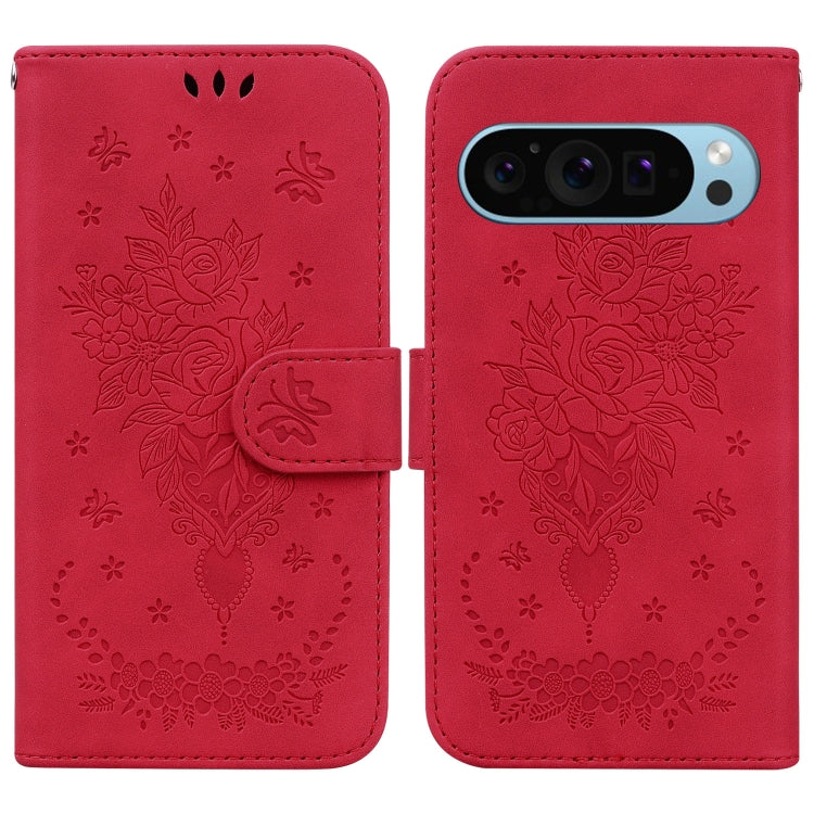 For Google Pixel 9 Pro Butterfly Rose Embossed Leather Phone Case(Red) by buy2fix