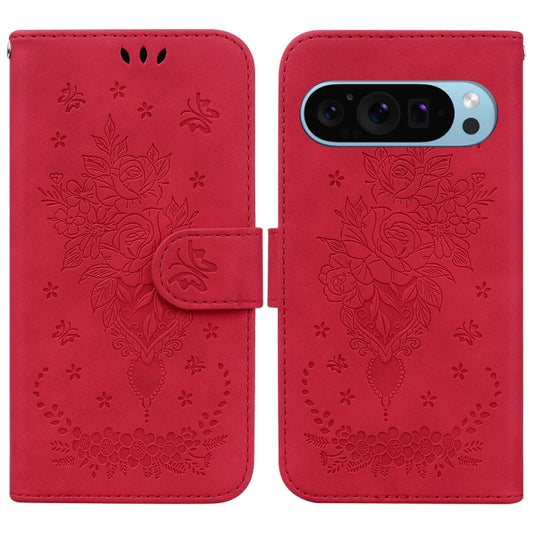 For Google Pixel 9 Pro Butterfly Rose Embossed Leather Phone Case(Red) by buy2fix