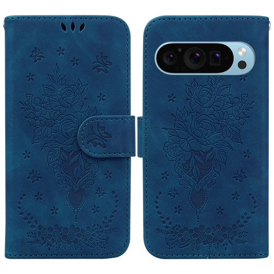 For Google Pixel 9 Butterfly Rose Embossed Leather Phone Case(Blue) by buy2fix