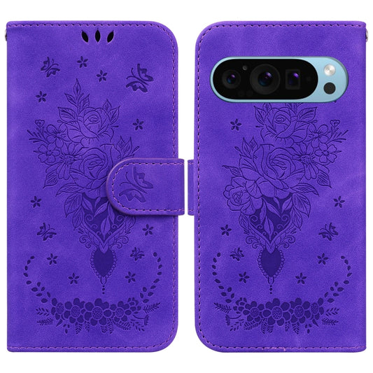 For Google Pixel 9 Butterfly Rose Embossed Leather Phone Case(Purple) by buy2fix