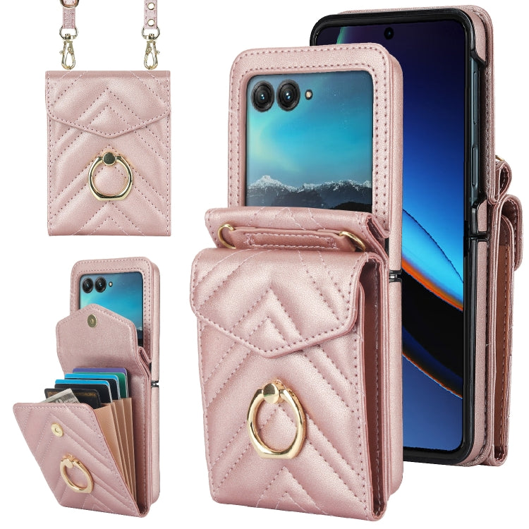 For Motorola Razr 40 Ultra / Razr 2023 V-shaped RFID Card Slot Phone Case with Ring Holder(Rose Gold) by buy2fix