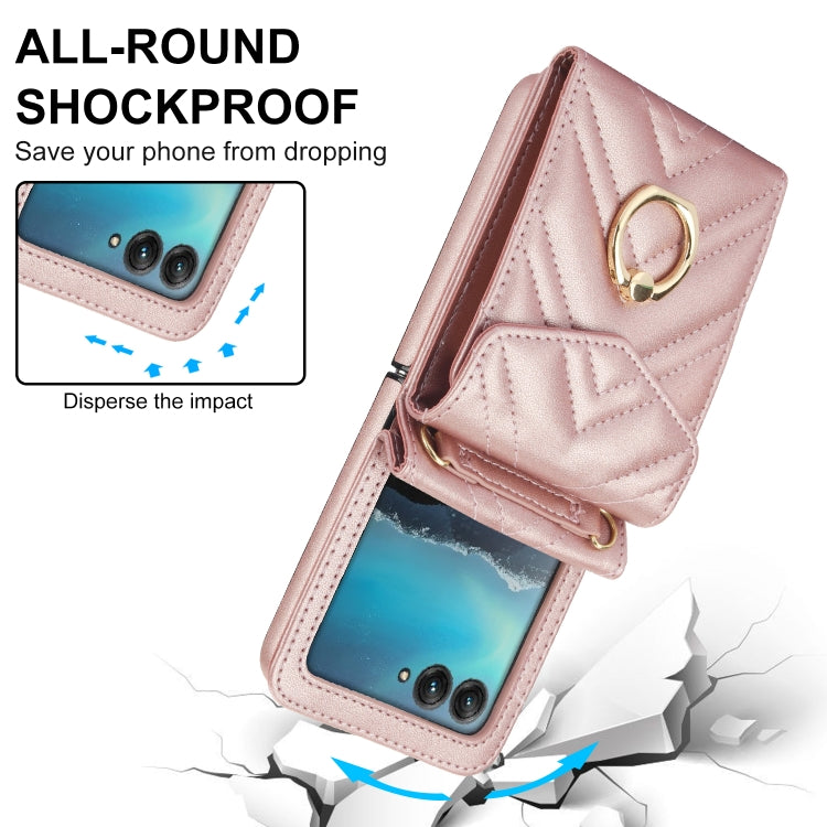 For Motorola Razr 40 Ultra / Razr 2023 V-shaped RFID Card Slot Phone Case with Ring Holder(Rose Gold) by buy2fix