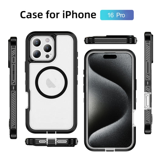For iPhone 16 Pro Guard Magsafe Magnetic Ring Matte Phone Case(Black+Transparent) by buy2fix