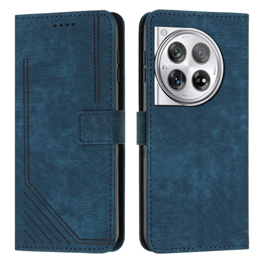 For OnePlus 12 Skin Feel Stripe Pattern Leather Phone Case with Lanyard(Blue) - OnePlus Cases by buy2fix | Online Shopping UK | buy2fix