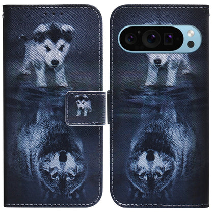 For Google Pixel 9 Pro Coloured Drawing Flip Leather Phone Case(Wolf and Dog) by buy2fix