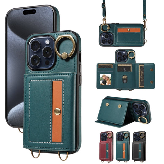 For iPhone 15 Pro Crossbodys Card Bag Ring Holder Leather Phone Case(Green) - iPhone 15 Pro Cases by buy2fix | Online Shopping UK | buy2fix