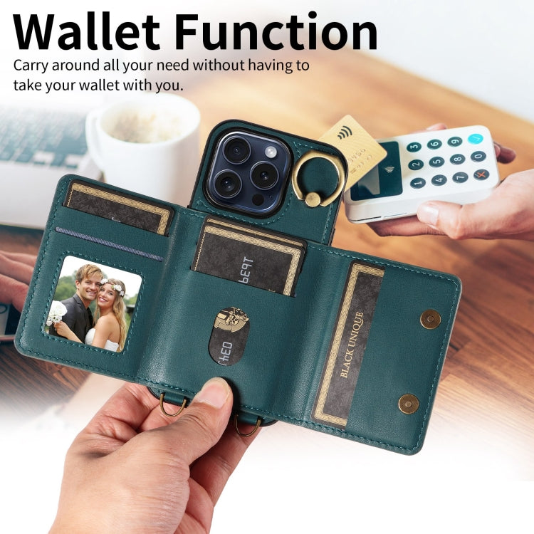 For iPhone 15 Pro Crossbodys Card Bag Ring Holder Leather Phone Case(Green) - iPhone 15 Pro Cases by buy2fix | Online Shopping UK | buy2fix