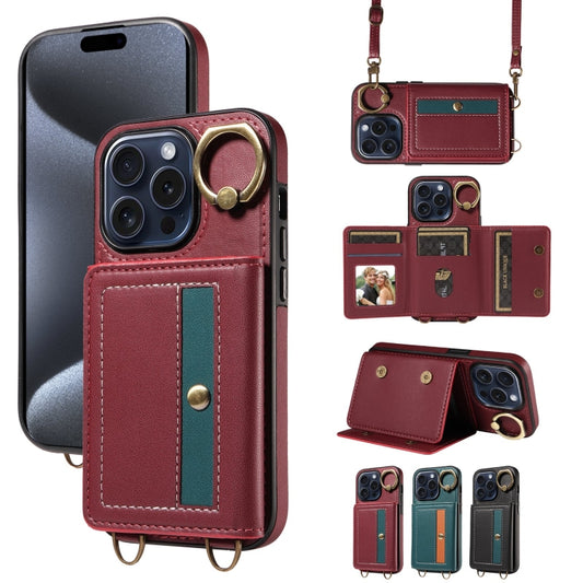 For iPhone 15 Pro Crossbodys Card Bag Ring Holder Leather Phone Case(Red) - iPhone 15 Pro Cases by buy2fix | Online Shopping UK | buy2fix