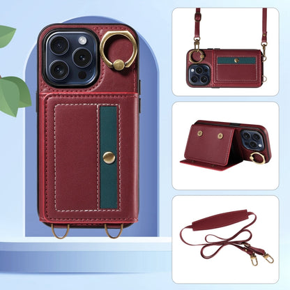For iPhone 15 Pro Crossbodys Card Bag Ring Holder Leather Phone Case(Red) - iPhone 15 Pro Cases by buy2fix | Online Shopping UK | buy2fix