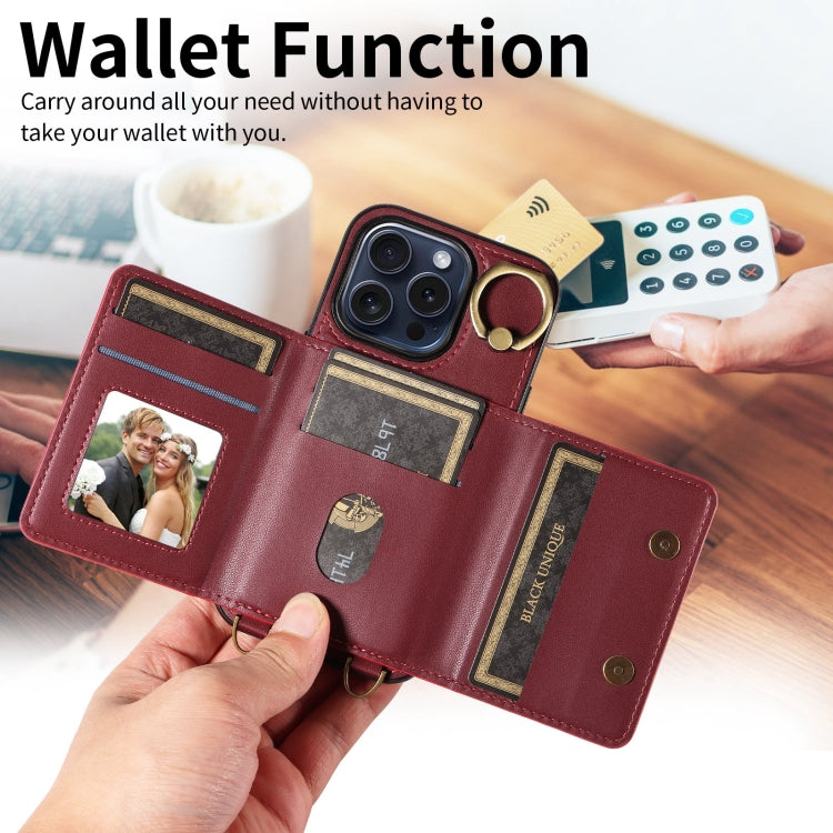 For iPhone 15 Pro Crossbodys Card Bag Ring Holder Leather Phone Case(Red) - iPhone 15 Pro Cases by buy2fix | Online Shopping UK | buy2fix
