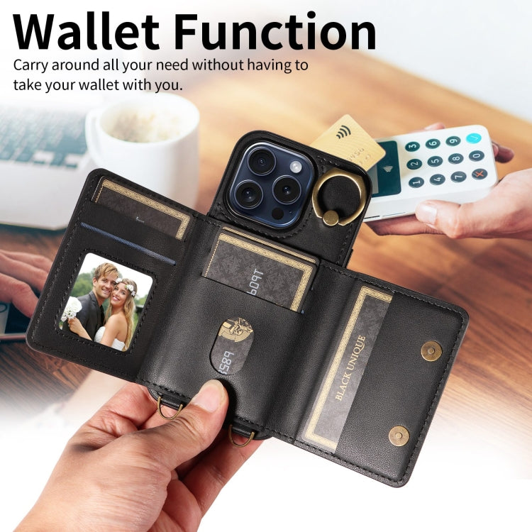 For iPhone 15 Pro Crossbodys Card Bag Ring Holder Leather Phone Case(Black) - iPhone 15 Pro Cases by buy2fix | Online Shopping UK | buy2fix
