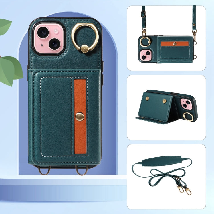 For iPhone 15 Plus Crossbodys Card Bag Ring Holder Leather Phone Case(Green) - iPhone 15 Plus Cases by buy2fix | Online Shopping UK | buy2fix