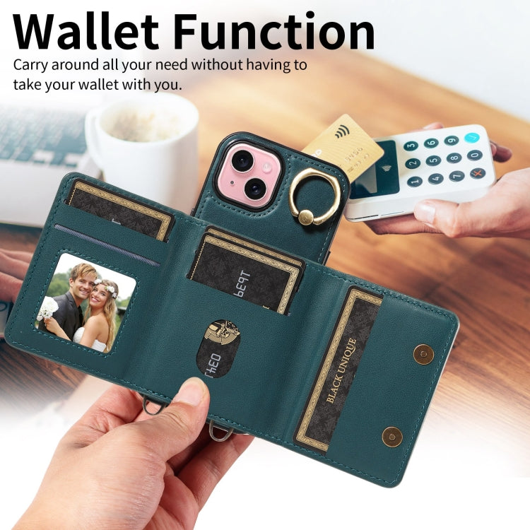 For iPhone 15 Plus Crossbodys Card Bag Ring Holder Leather Phone Case(Green) - iPhone 15 Plus Cases by buy2fix | Online Shopping UK | buy2fix