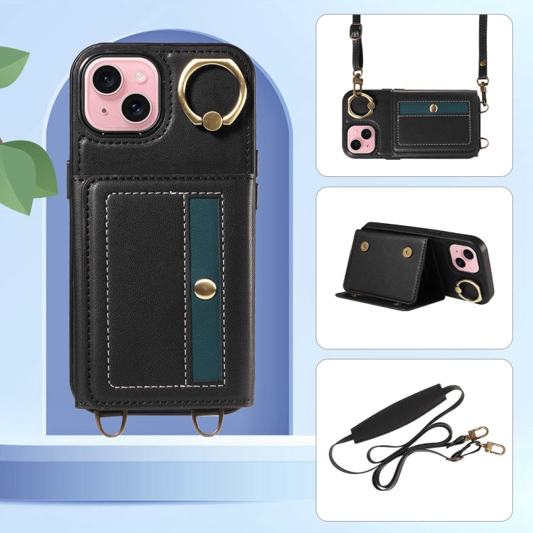 For iPhone 15 Plus Crossbodys Card Bag Ring Holder Leather Phone Case(Black) - iPhone 15 Plus Cases by buy2fix | Online Shopping UK | buy2fix